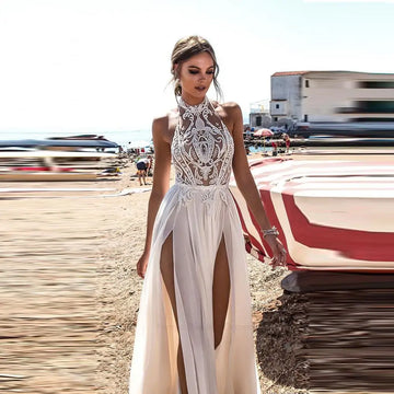 Beach Wedding Dress Boho Bride Gown Sexy High Side Slit Halter Lace Top Chiffon Skirt Long Backless Bridal Dresses