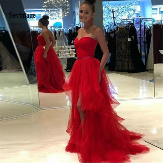 Red Tiered Tulle Evening Dress Slit Front Sweetheart Elegant Long Formal Prom Gowns Celebrity Dresses Robe De Soiree