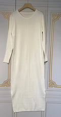 2024 Casual Midi Knit Dress Women's O-neck Long Sleeve Split Straight Dresses 2023 Autumn Pure Color Knit Vestidos WHITE