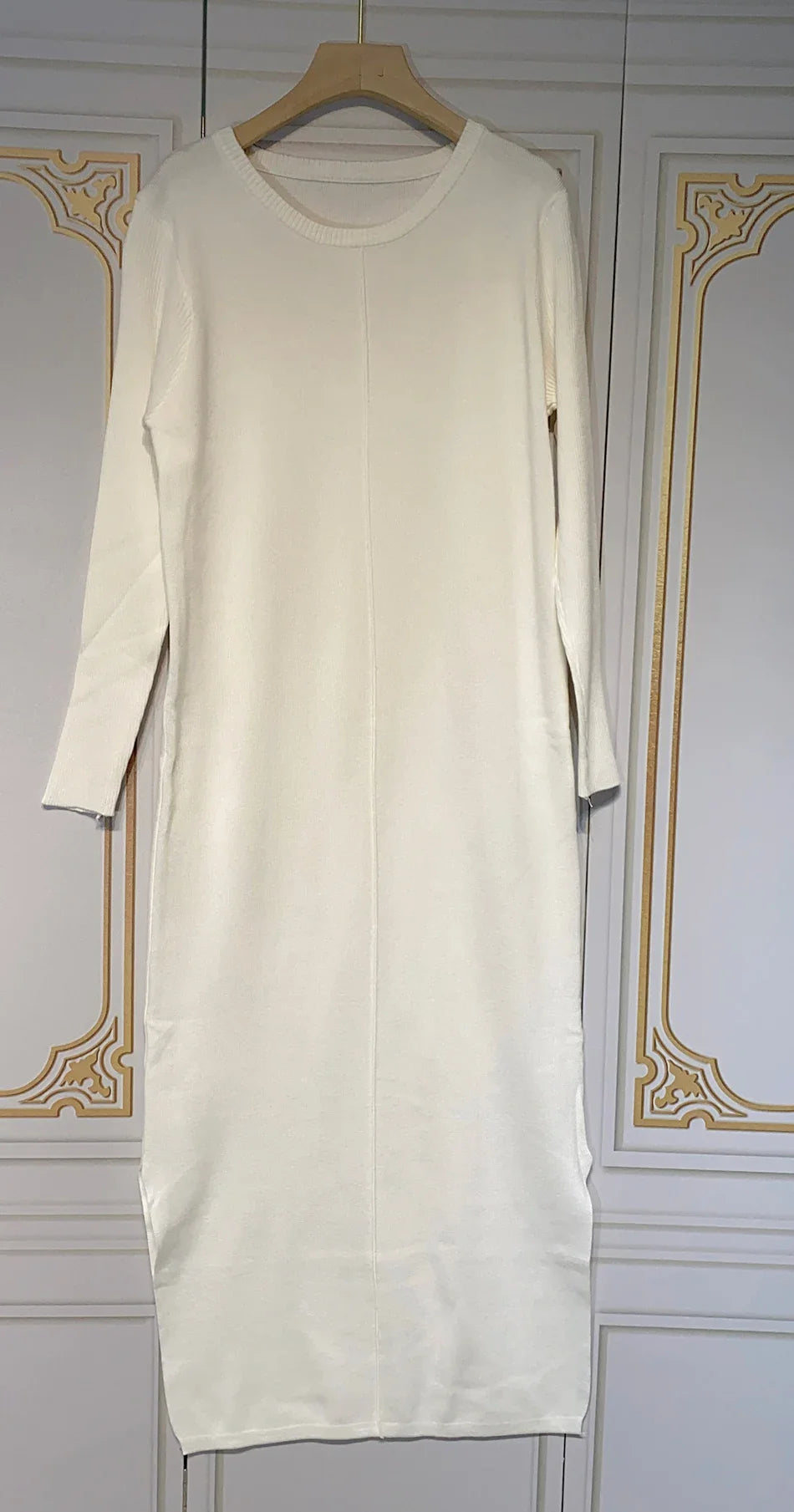 2024 Casual Midi Knit Dress Women's O-neck Long Sleeve Split Straight Dresses 2023 Autumn Pure Color Knit Vestidos WHITE
