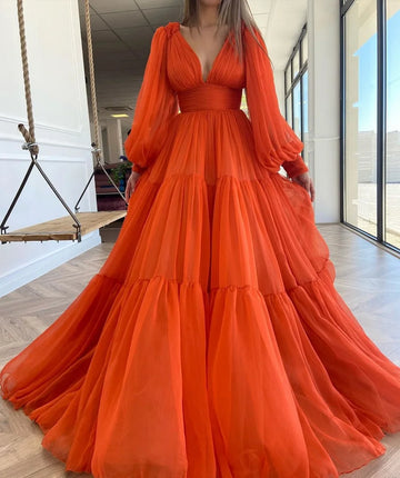 Long Puff Sleeves Prom Dresses V-Neck Pleats Chiffon Princess Evening Gowns Women Party Dress Plus Size