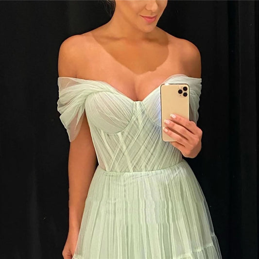 Light Green Tulle Long Prom Dresses Pleats Off the Shoulder Plus Size Women Party Gowns Tiered Evening Dress