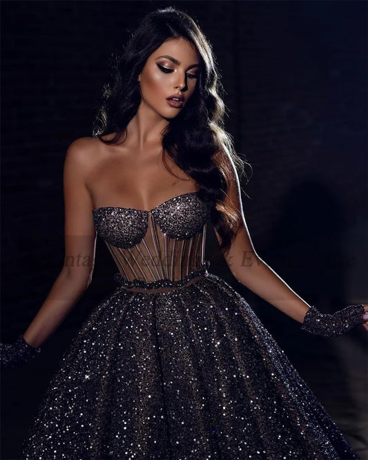 Glitter Sequin A Line Prom Dresses Sweetheart See Through Body Evening Dress Exposed Bones Plus Size Formal Party Gowns