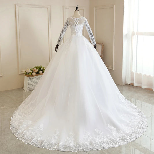 Vestido De Noiva Pure White Full Sleeve Wedding Dress With Train Princess Luxury Wedding Dress Robe De Mariee Plus Size