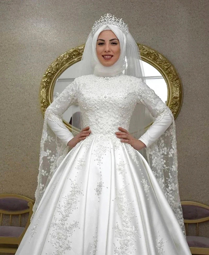 customized Luxury Muslim A Line Wedding Dresses Long Flare Sleeves Lace Satin Bride Dresses Arabic Islamic Vestido De Noiva