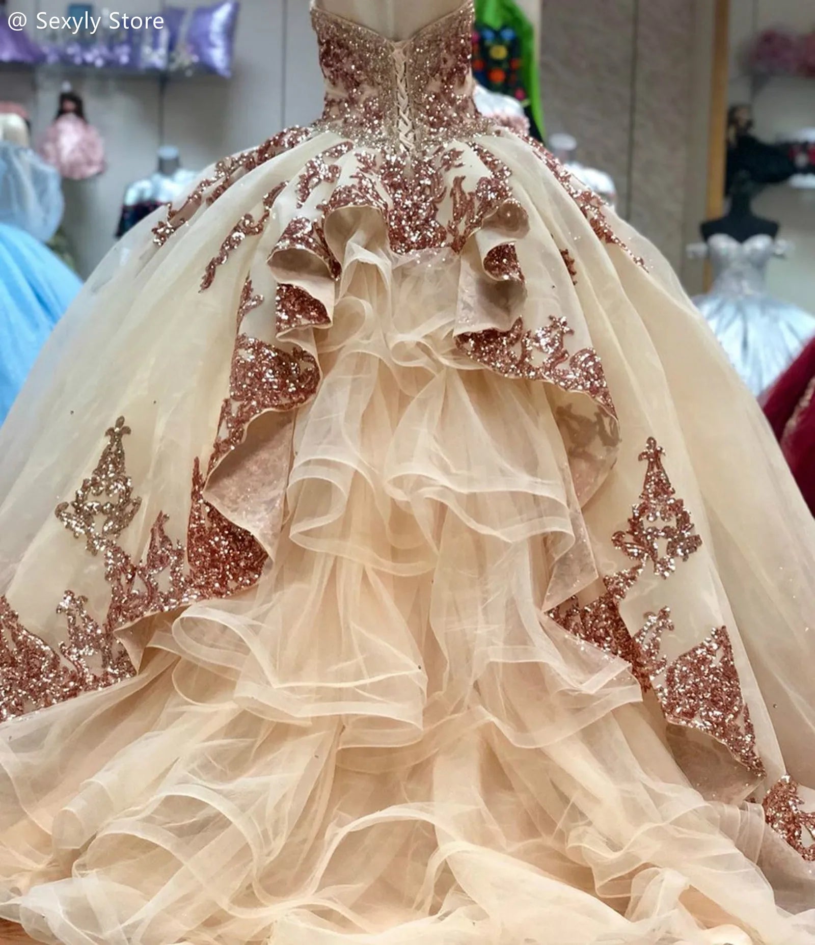 Rose Gold Quinceanera Dress Luxury Sequin Masquerade Prom Birthday Party Gown Ruffles Folklorico Vestidos De 15 Años Customized