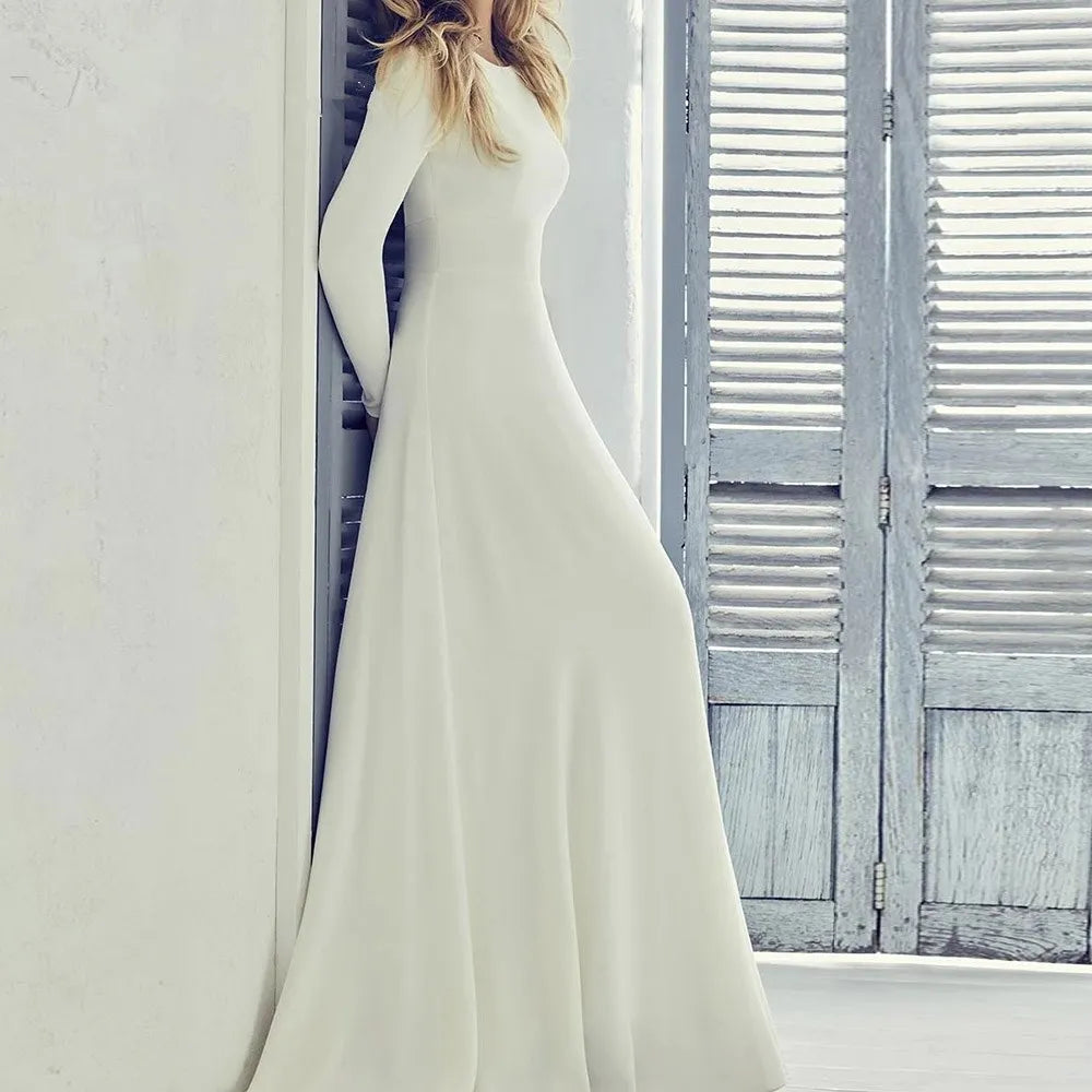 Customized Elegant Long Sleeves Muslim Wedding Dresses For Women 2025 Simple Satin Bridal Gowns Back Zipper Vestido De Novia