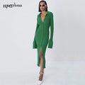 Autumn Bodycon Dress Sweater Knitted Green Women Sexy Midi Split V Neck Long Sleeve Casual Dresses Party Vestidos
