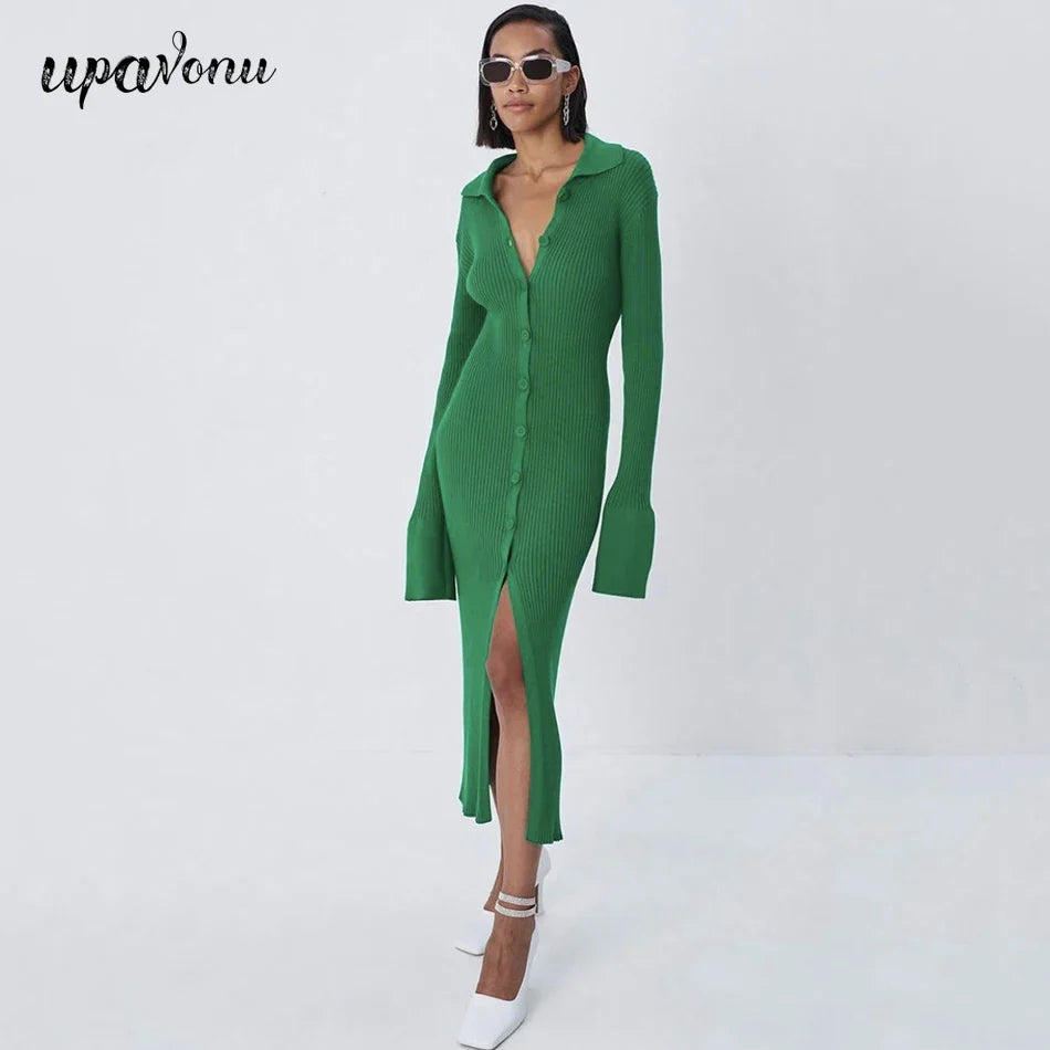 Autumn Bodycon Dress Sweater Knitted Green Women Sexy Midi Split V Neck Long Sleeve Casual Dresses Party Vestidos