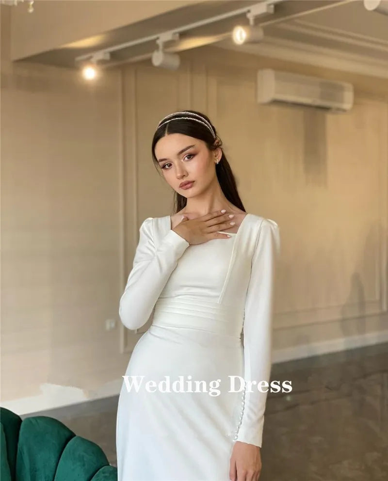 CustomizeSimple Sheath Long Sleeves Wedding Dress Soft Satin Square Neck Buttons Floor Length Elegant Women Bride Formal Dresses