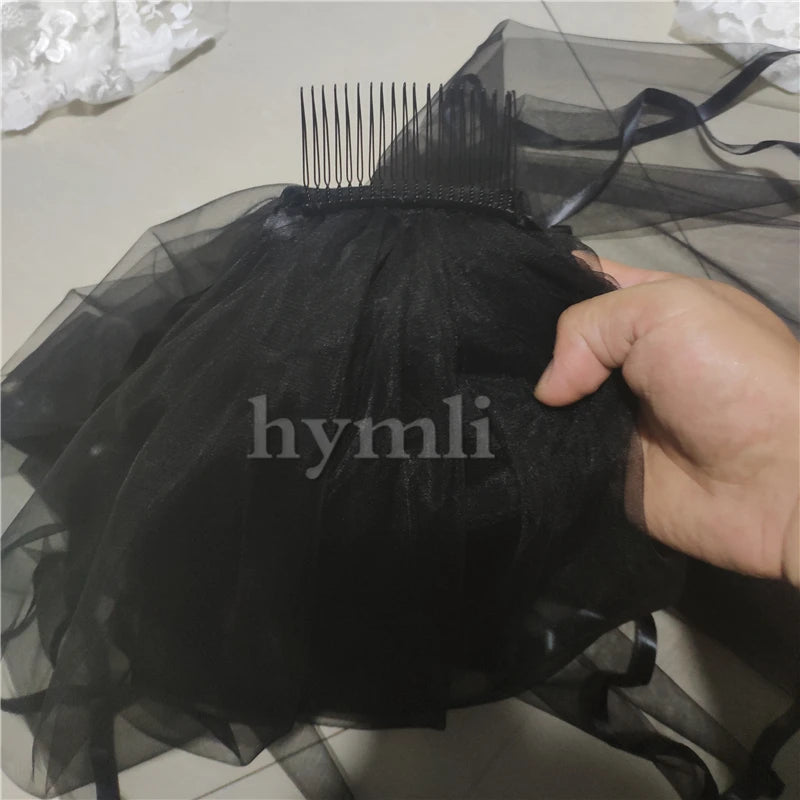 Four-Layer Black Tulle Veil Ribbon Edge Wedding Veil Multi-Layer Fingertip Length Bridal Veil Metal Comb