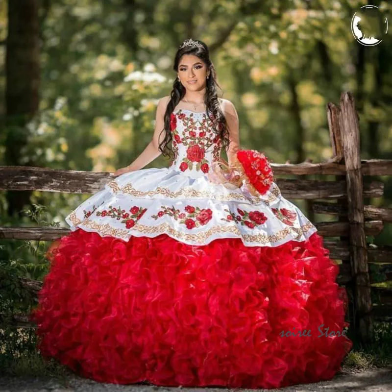 Charro Red Quinceanera Dresses Mexican Tiered Ruffles Masquerade Sweet 16 Dress Luxury Vestidos De 15 Años Birthday Customized Red