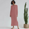 2024 Casual Midi Knit Dress Women's O-neck Long Sleeve Split Straight Dresses 2023 Autumn Pure Color Knit Vestidos Brown 1