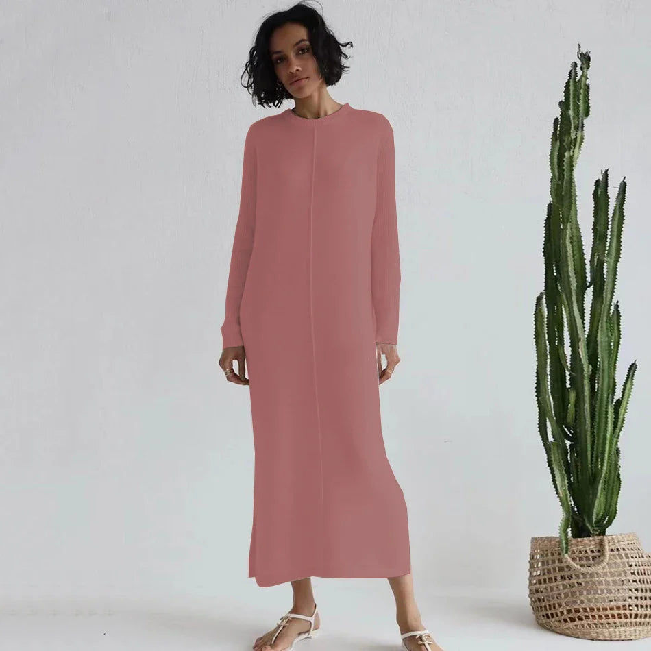 2024 Casual Midi Knit Dress Women's O-neck Long Sleeve Split Straight Dresses 2023 Autumn Pure Color Knit Vestidos Brown 1