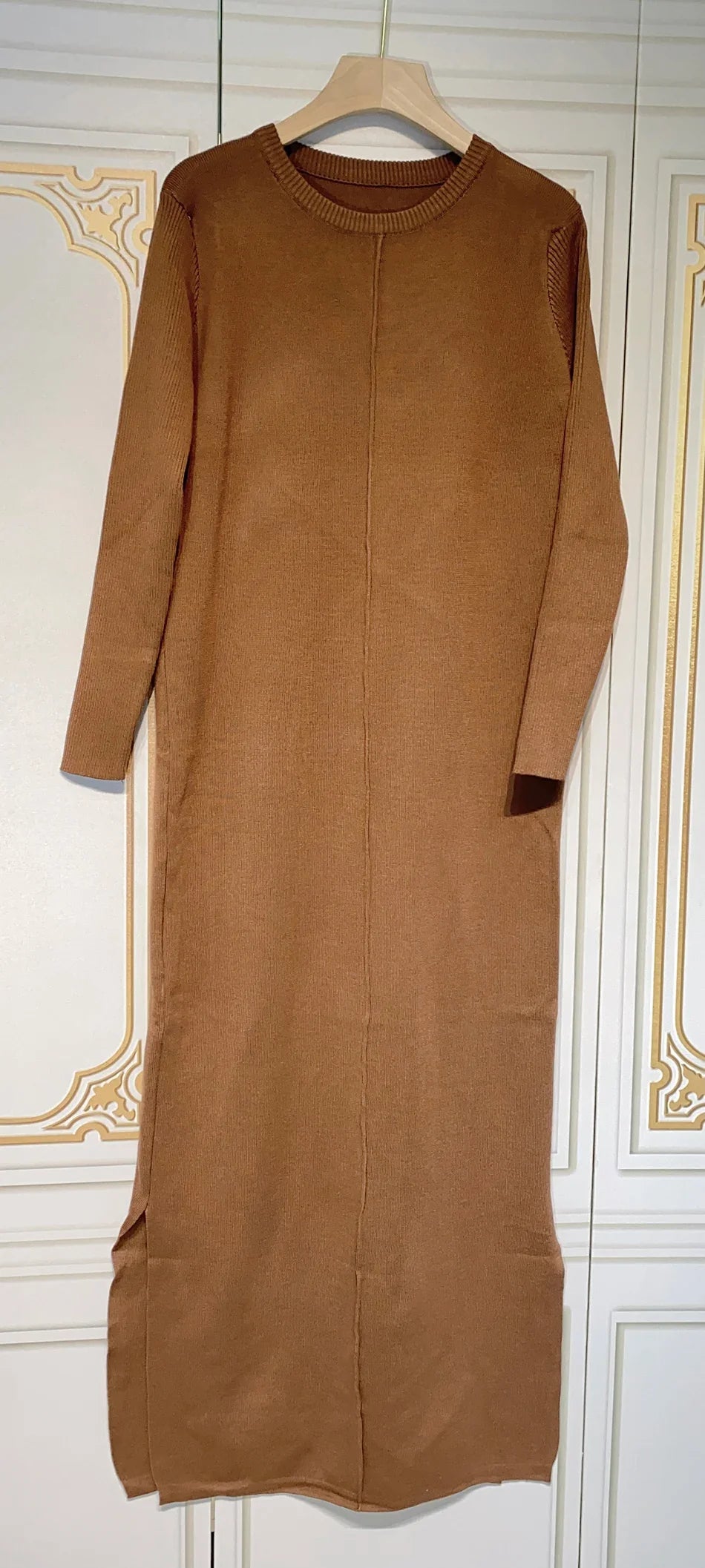 2024 Casual Midi Knit Dress Women's O-neck Long Sleeve Split Straight Dresses 2023 Autumn Pure Color Knit Vestidos Brown