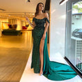 Customized Off the Shoulder Emerald Green Evening Dresses Long Sexy Slit Mermaid Sequined Back Zipper Formal Women Prom Gown Champagne