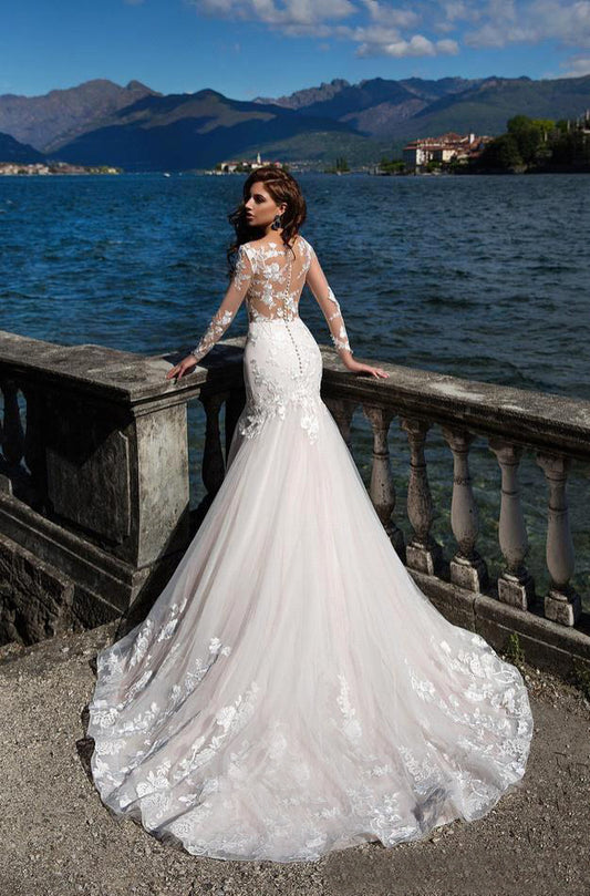 Charming Lace Wedding Dresses Appliques Full Sleeves Floor-Length Robe Mermaid Bridal Dress Sexy Tulle Vestidos De Novia