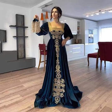 Elegant Navy Blue Mermaid Kaftan Evening Dress Square Collar Lace Appliques Prom Gown Floor Length Algerian Outfit