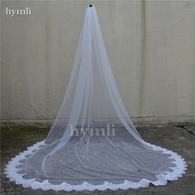 Cathedral Length Bridal Veil 1 Layer Long Lace Wedding Veil with Sequins for Brides Ivory 300cm