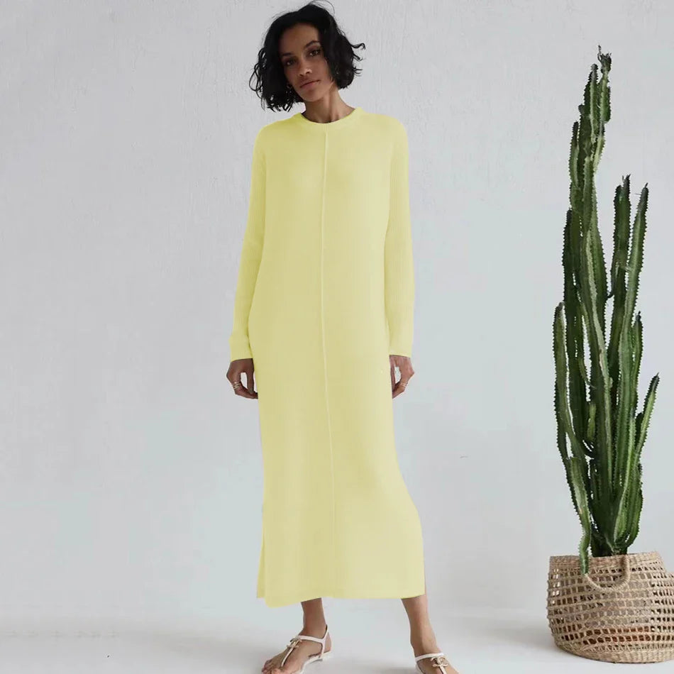 2024 Casual Midi Knit Dress Women's O-neck Long Sleeve Split Straight Dresses 2023 Autumn Pure Color Knit Vestidos Yellow