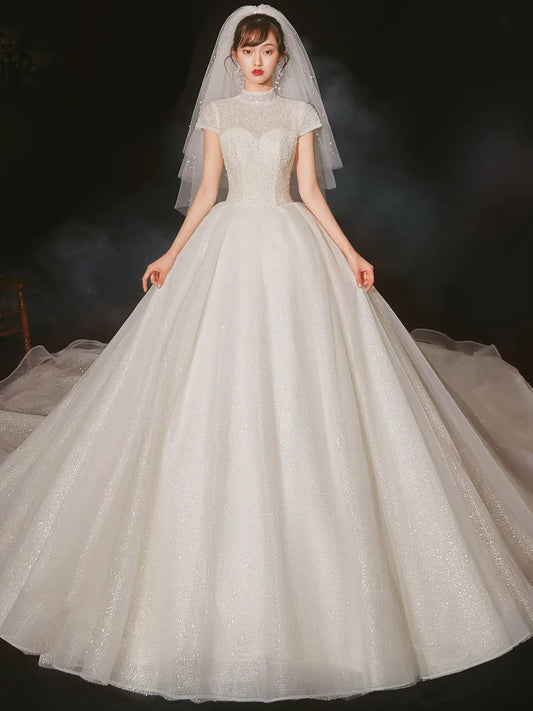 Vestido de noiva luxuoso com gola alta, feito à mão, brilhante, princesa, plus size, feito sob encomenda