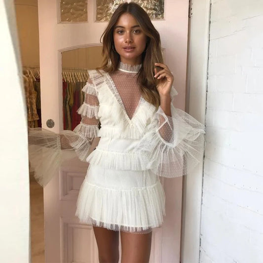 Tiered Tulle Long Sleeve Graduation Dresses High Neck Short Prom Gowns White/Ivory Cocktail Homecoming Dress Customize