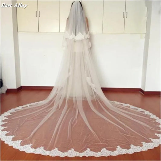 2 Layer Wide Tulle Cathedral Length Bridal Veil Lace Long Wedding Veil Ivory 300cm