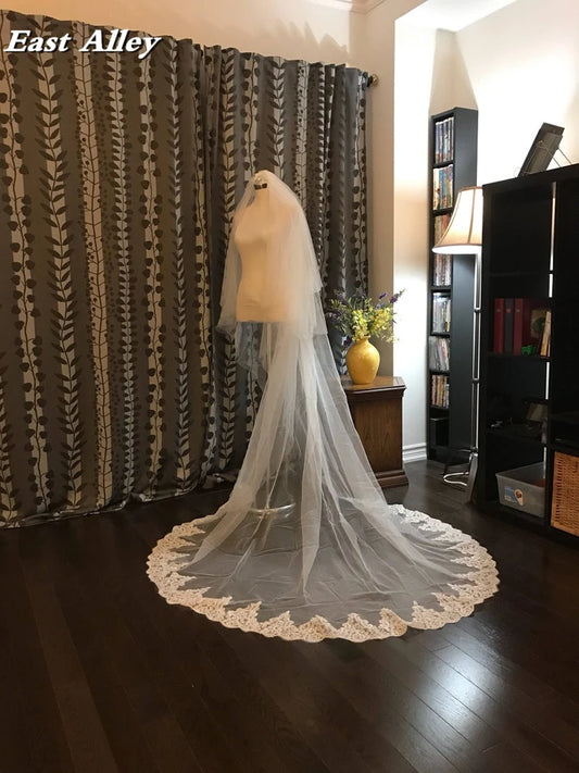 Cathedral Lace Veil 2-Tier 100" wide X 100" (2.5 meter) long Lace Trim on Floor Section