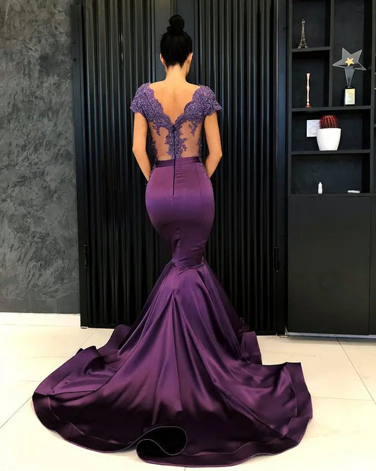 customized Sexy Purple Mermaid Prom Dress V-neck Cap Sleeve Beaded Lace Nude Back Arabic Style robe soiree Long Evening Dresses
