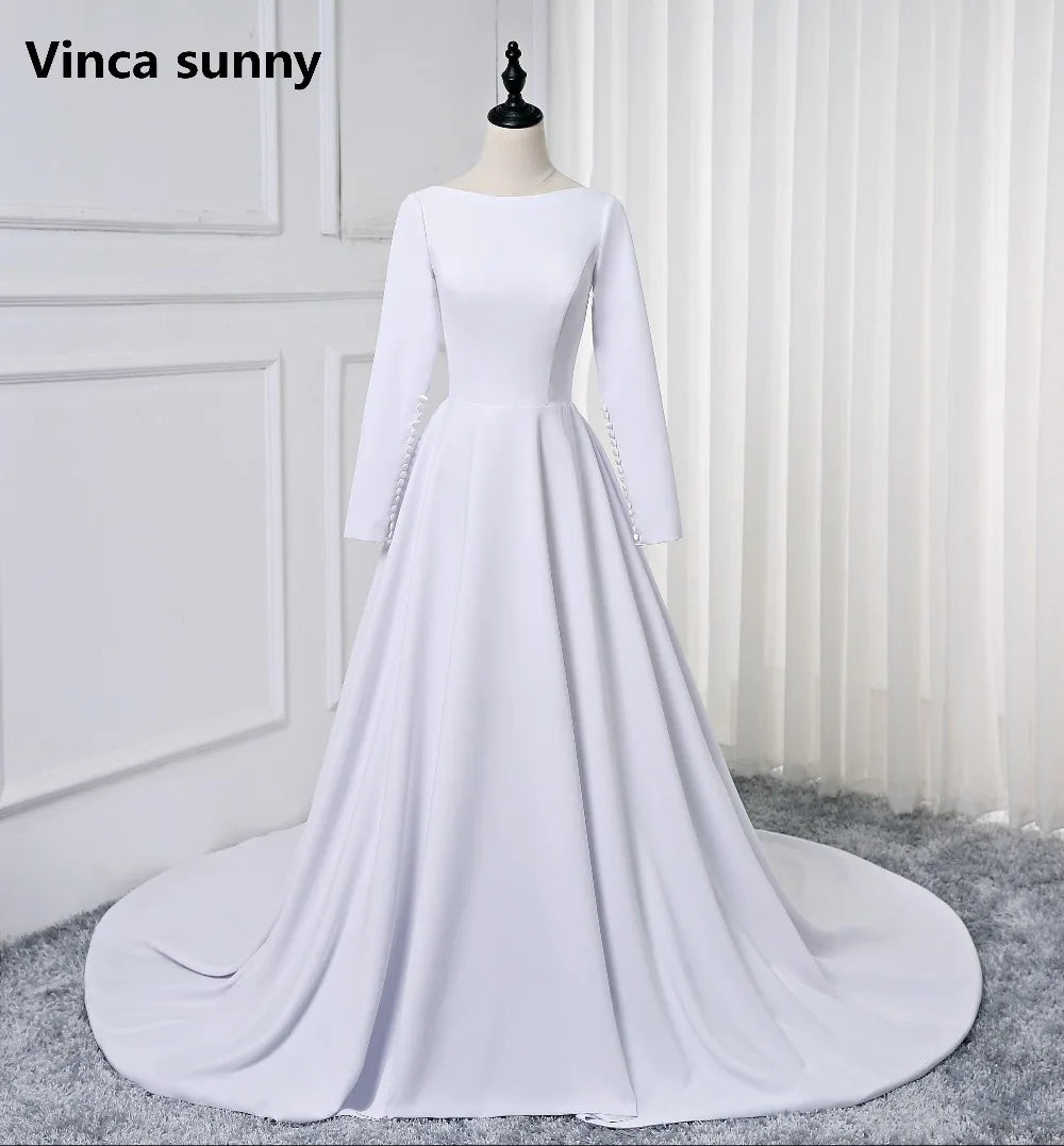 Customized Soft Satin Muslim Wedding Dress Long sleeve A Line Simple Bridal Gown robe de mariage 2025 Vestido De Noiva Champagne