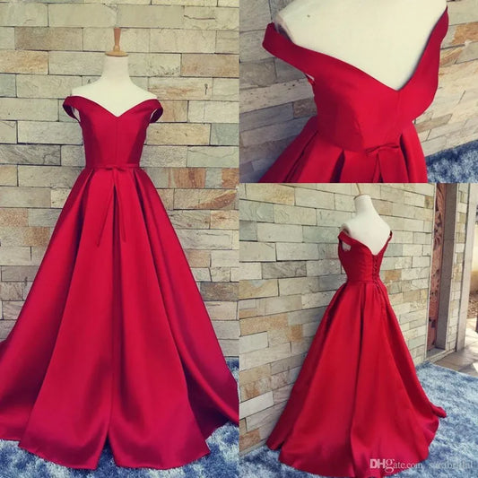 Customized Red Long Satin Prom Gowns Sexy V Neck Vestidos Open Back Vintage Evening Dresses 2025 Women Formal Party Dress