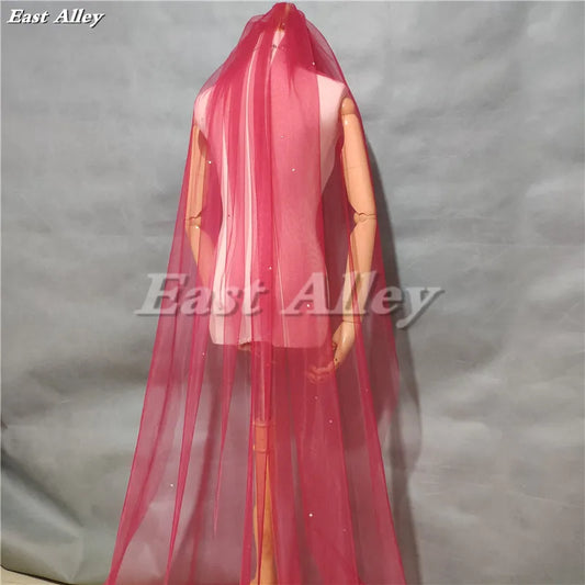 Burgundy Color Scattered Crystal Wedding Veil 3 Meter Bridal Veil Long Veil Cut Edge