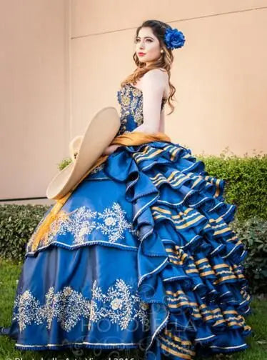 Blue Quinceanera Dresses Charro Ruffles Fluffy Vestidos De 15 Quinceañera Appliques Lace Debutante Birthday Party Customized