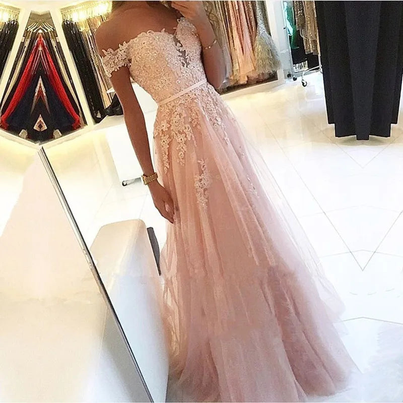 customized Robe De Soiree Off the shoulder Prom Dresses Lace Appliques Tulle Evening Dresses Formal Gowns Plus size Long Dress Same color picture