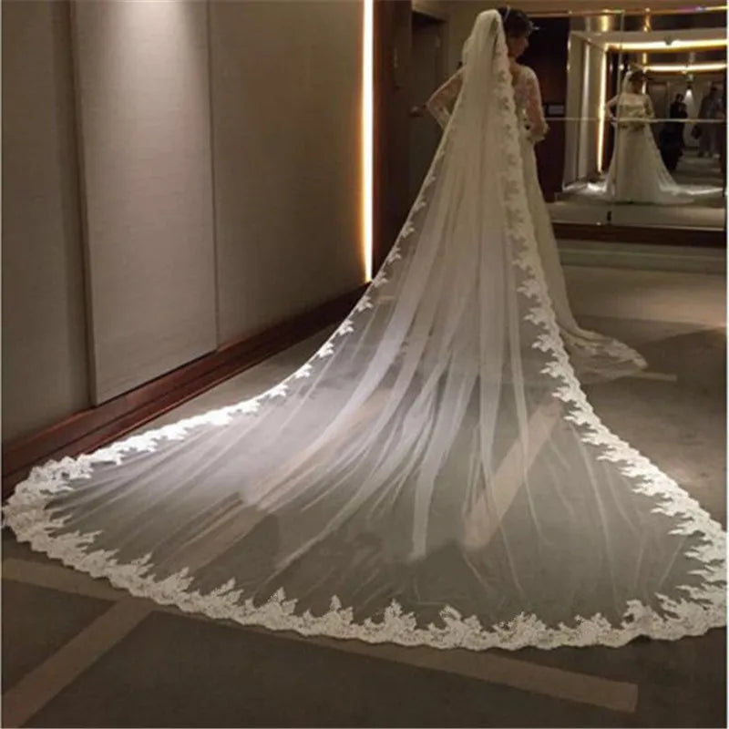 Cathedral Length Long Wedding Veil with Metal Comb Lace Bridal Veil in White Off-White And Ivory for Brides Ivory