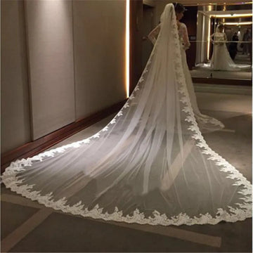 Cathedral Length Long Wedding Veil with Metal Comb Lace Bridal Veil in White Off-White And Ivory for Brides Ivory