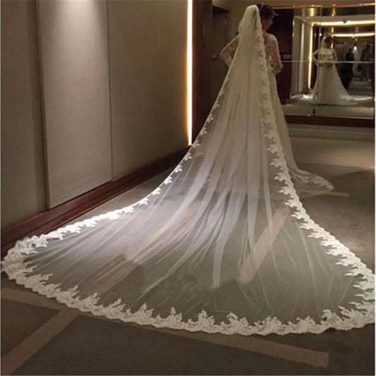 Cathedral Length Long Wedding Veil with Metal Comb Lace Bridal Veil in White Off-White And Ivory for Brides Ivory