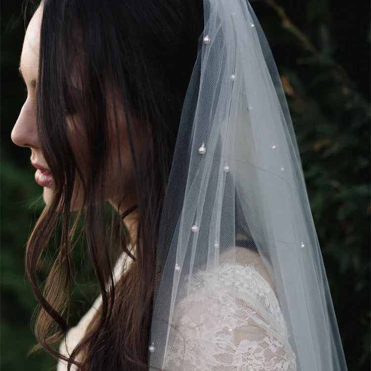 One Layer Wedding Veil Pearl Veil Cut Edge Bridal Veil in Light Ivory ,Champagne