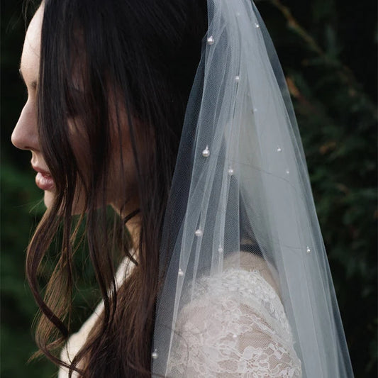 One Layer Wedding Veil Pearl Veil Cut Edge Bridal Veil in Light Ivory ,Champagne