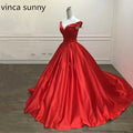Customized Sexy Simple Red Prom Dresses V Neck Ball Gowns Cap Sleeve Satin vestidos de formatura Backless Evening Dresses same picture color