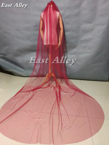 Burgundy Color Scattered Crystal Wedding Veil 3 Meter Bridal Veil Long Veil Cut Edge