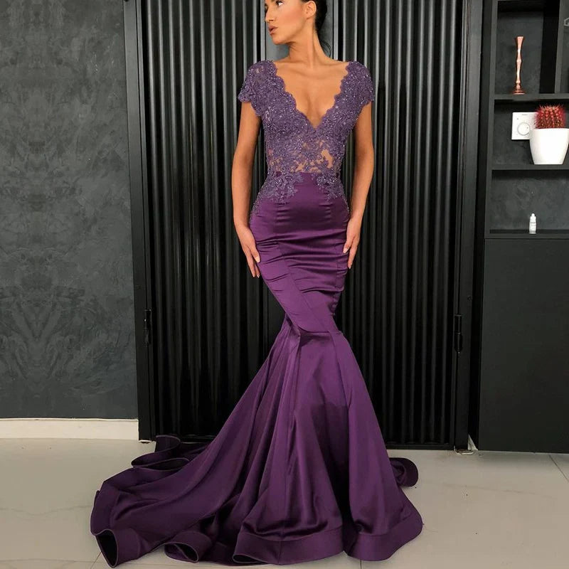 customized Sexy Purple Mermaid Prom Dress V-neck Cap Sleeve Beaded Lace Nude Back Arabic Style robe soiree Long Evening Dresses Navy Blue（ AE existing skus）