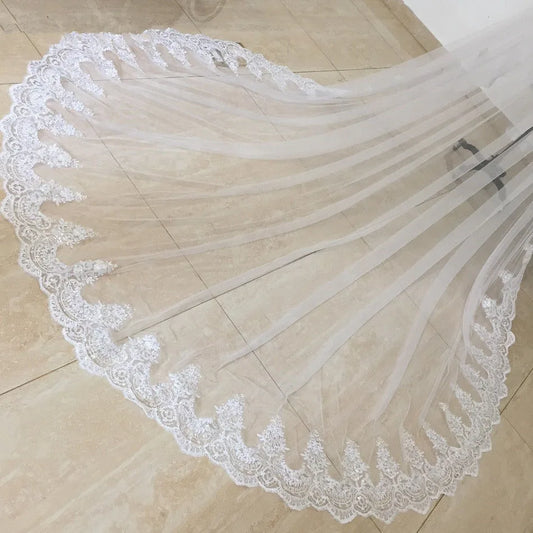 2 Layer Cathedral Wedding Veil 3m Long Lace Bridal Veil with Comb Elegant White Bridal Accessory
