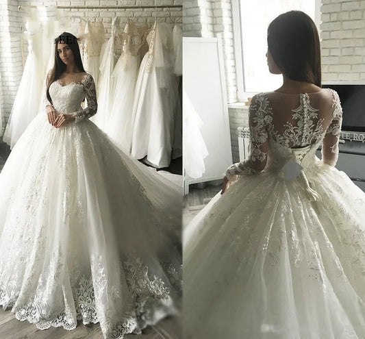 Gorgesous Wedding Dresses Long Sleeves Ball Gown Lace Applique Luxury Bridal Women Vestido De Noiva Robe Mariee