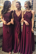 Customized Three Styles A-Line Bridesmaid Dresses Floor-Length Bridesmaid Dress Lace dress for wedding party Burgundy dress Burgundy color B