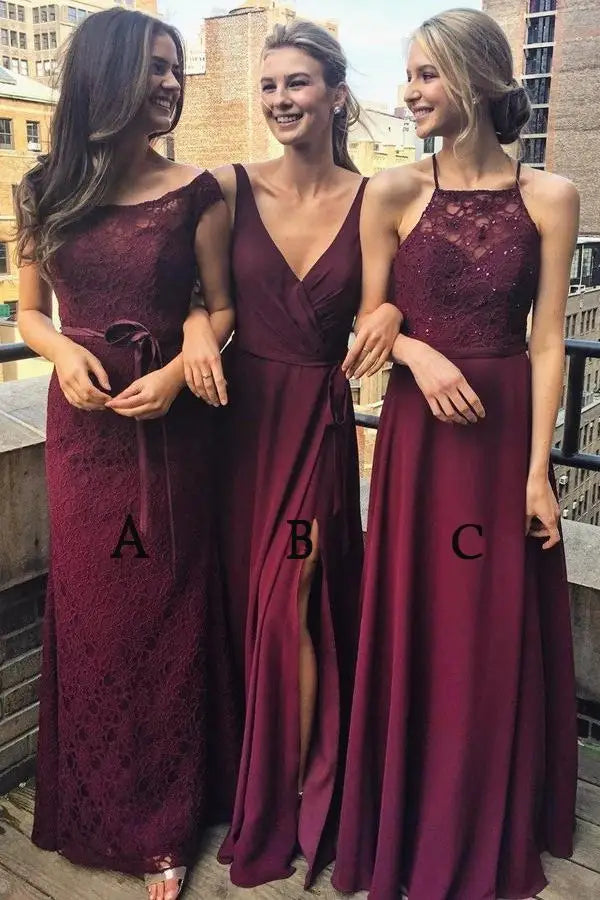Customized Three Styles A-Line Bridesmaid Dresses Floor-Length Bridesmaid Dress Lace dress for wedding party Burgundy dress Burgundy color B