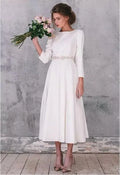 Long Sleeve Simple Satin Wedding Dresses Vintage A Line Tea Length Short Wedding Bridal Gowns Robe De Mariage customized