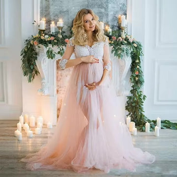 3/4 Sleeves Maternity Long Evening Dress Lace Empire Pregnant Woman Dresses Plus Size Tulle Slit Formal Prom Gowns