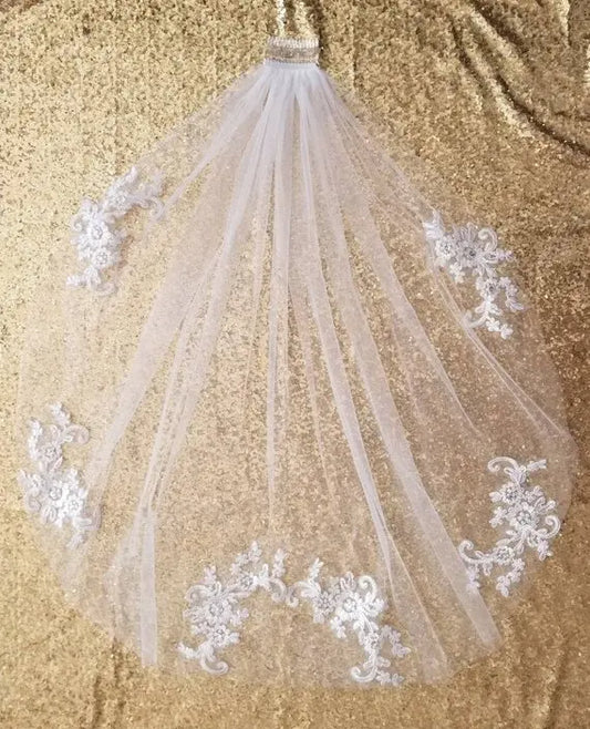 36" Single Layer Lace Applique with Rhinestone Wedding Veil