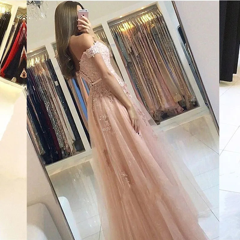 customized Robe De Soiree Off the shoulder Prom Dresses Lace Appliques Tulle Evening Dresses Formal Gowns Plus size Long Dress